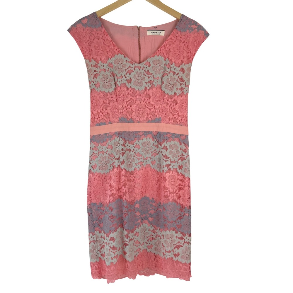 NAF NAF Lace Colorblock Sheath Dress Coral Pink Grey Cap Sleeve XXS-XS Easter
